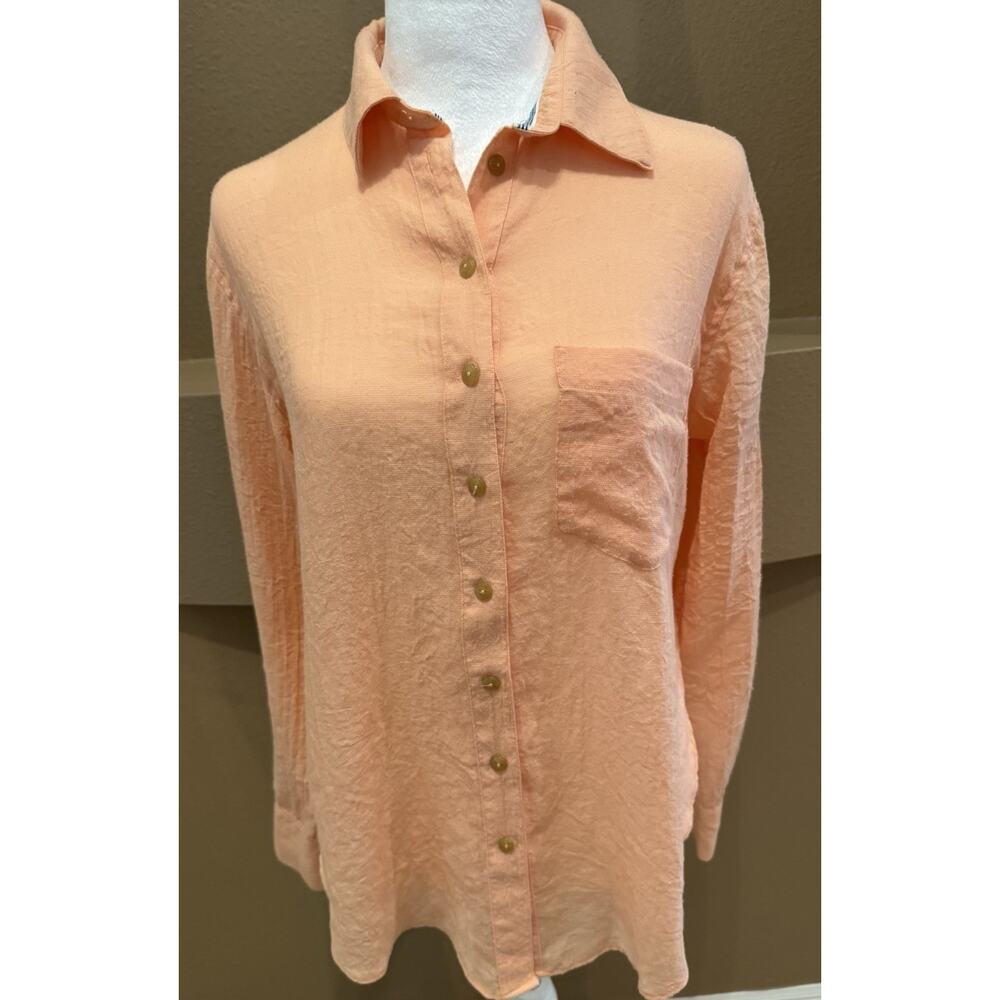 Free People Button Down Shirt Hi Low Long Sleeve Side Slits Orange Size XS